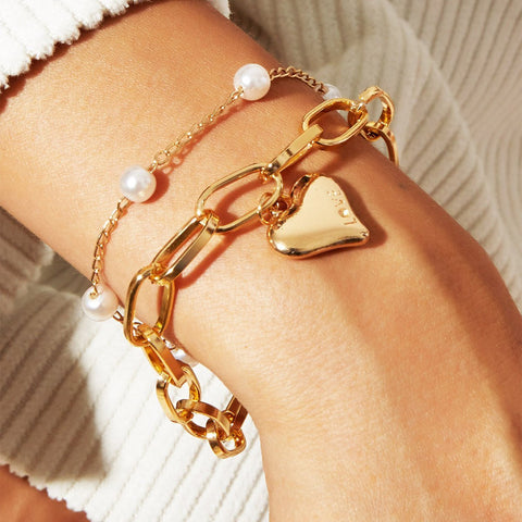 2 Piece Heart and Pearl Bracelet Set 18K Gold Plated Bracelet ITALY Made
