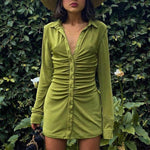 Women Ruched Shirt Dresses Turn Down Collar