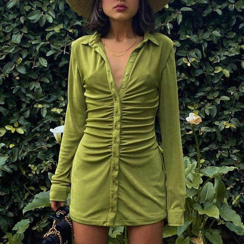 Women Ruched Shirt Dresses Turn Down Collar