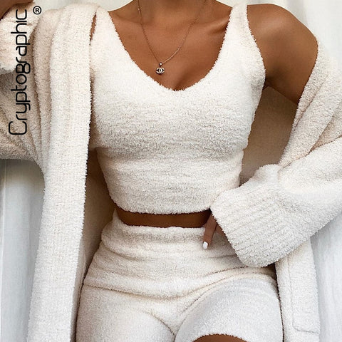 Cryptographic Fur Two Piece Outfits Sleeveless Crop Tops Women